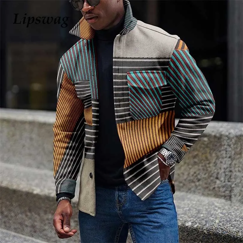 Herbst Winter Mode Männer Jacken Harajuku Gestreifte Patchwork Mäntel Für Herren Casual Umlegekragen Button-up Oberbekleidung 211214