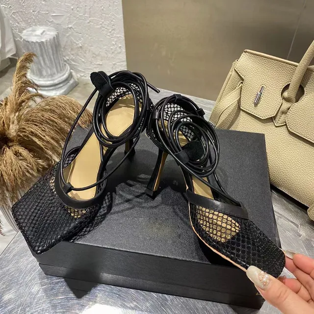 Sexy Black Net Lace Up High Heels Women Sandals Sheep Leather Square Toe Designer Party Shoes Chic Ankle Strap Summer Sandal