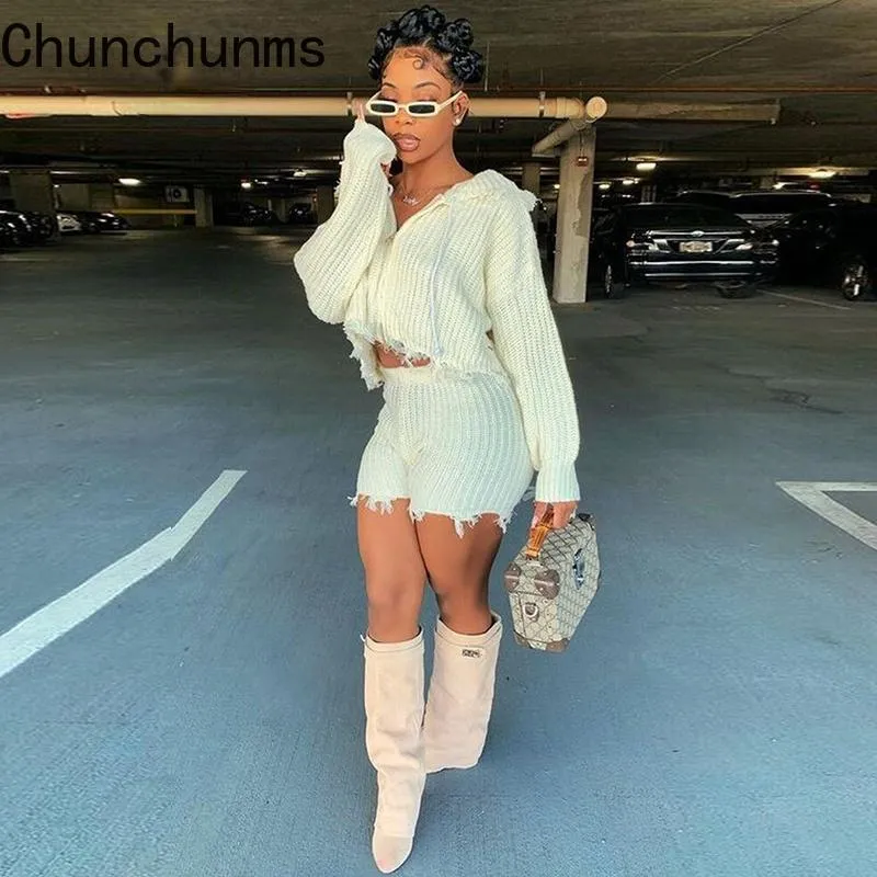 Women's Tracksuits Women White Sexy Knitted Two Piece Set Long Sleeve Hoodies Crop Top Lace Up Biker Shorts Fall Streetwear Casual Matching