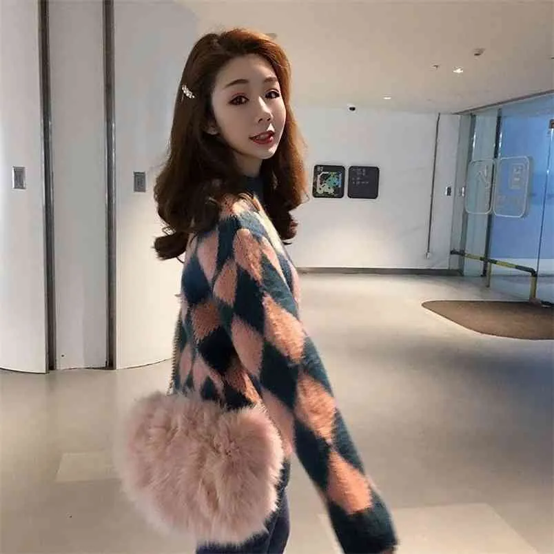 Lazy Rhombus-shaped Mohair Sweater Women Autumn And Winter Net Red Pullover Loose Gentle Wind 210427