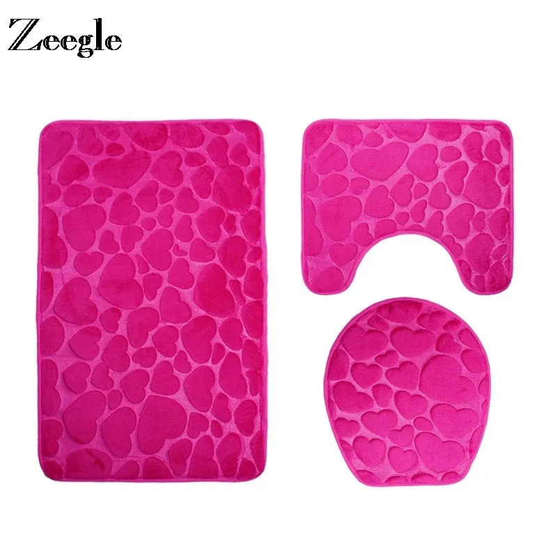 Zeegle 3D Heart Embosing Bath Mats Toilet Mat Bathroom Carpet Non-slip Floor Mats Toilet Lid Cover 3Pcs Bathroom Mat Bath Rugs