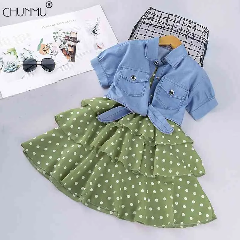 Tiener meisjes zomer kleding set kids mode korte mouw jas + polka dots jurk 2 stks casual pak kinderkleding 210508