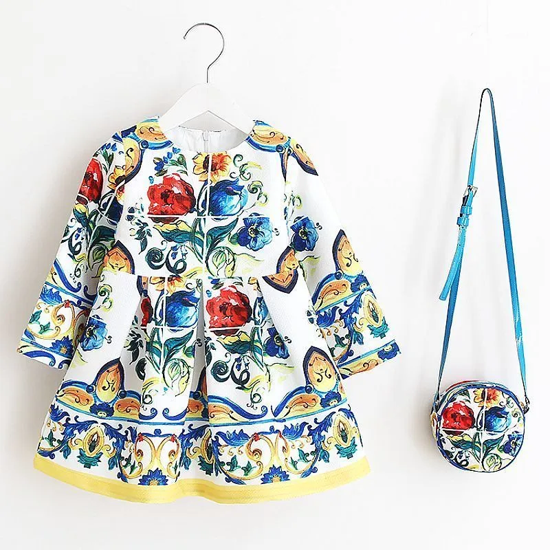 Baby Girls Dress with Bag Brand Kids Autumn Dresses for Girls Clothing Floral Children Christmas Dress Princess Vestidos F1205