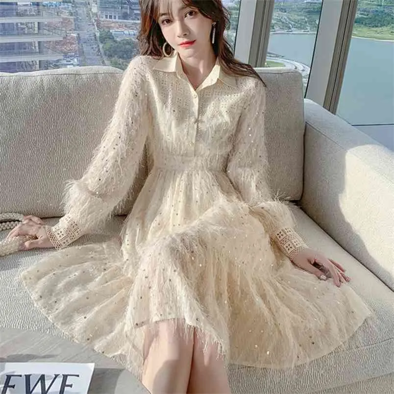 Hohe Qualität Koreanische Frauen Kleid Elegante Casual Quaste Vestidos Damen Langarm Cut Süße Prinzessin Party Kleider Robe 210514