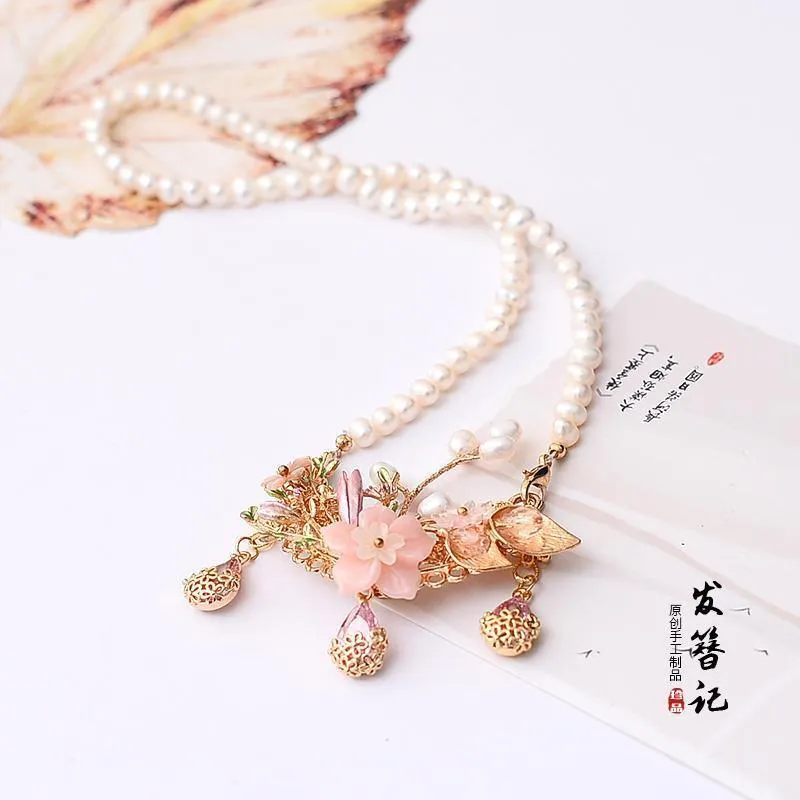 Chains Chinese Vintage Pearl Gold Handmade Necklace Accessories Headwear For Hanfu Kimono COSPLAY1