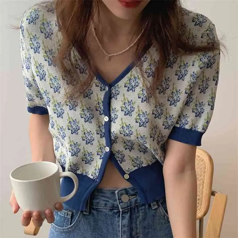 South Korean Chic Summer T-shirt Retro V-neck Bump Color Print Trim Single-line Button-up Short-sleeved Knitted Top 210529