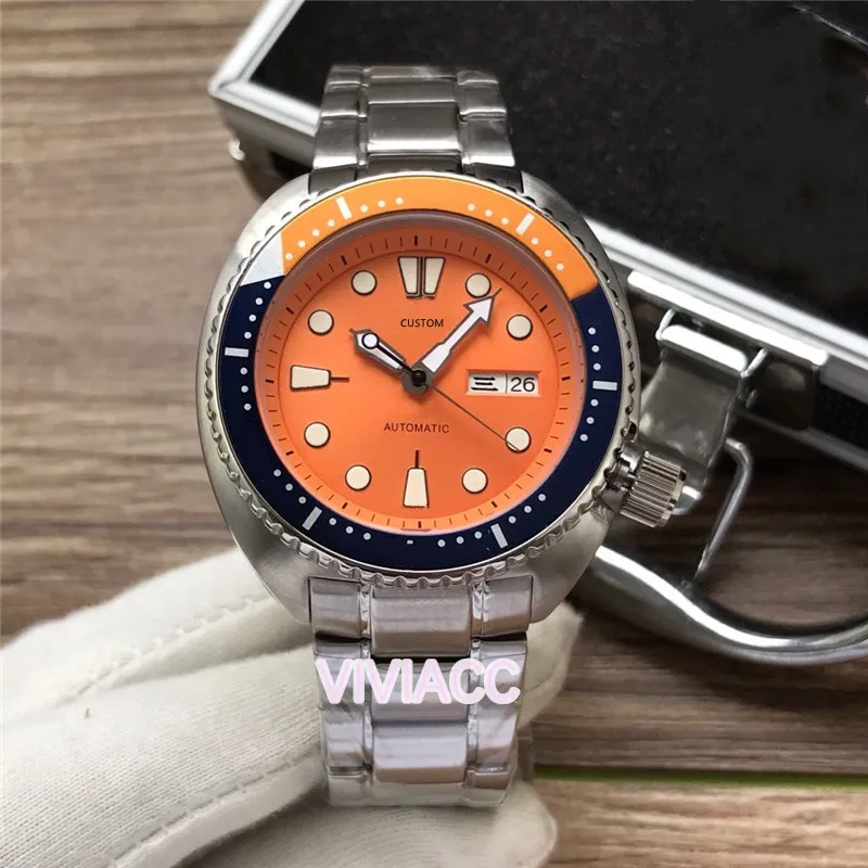 Klassiska män Automatisk mekanisk dubbel kalenderklocka rostfritt stål silver orange blå keramisk bezel safir klocka