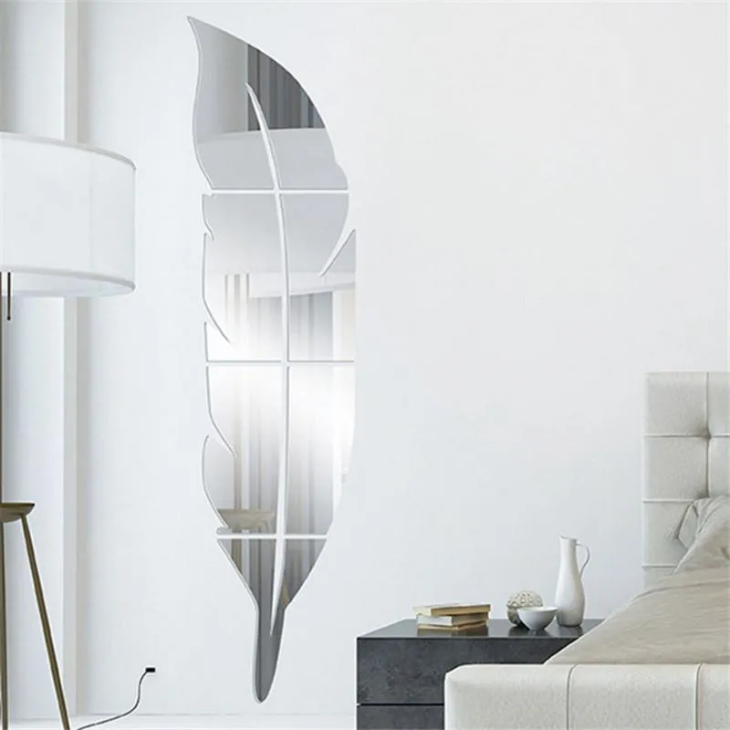 Wall Stickers Mirror Feather Pattern Acrylic Full Body Decorative Sticker Leaves Decal Removable Home Decor