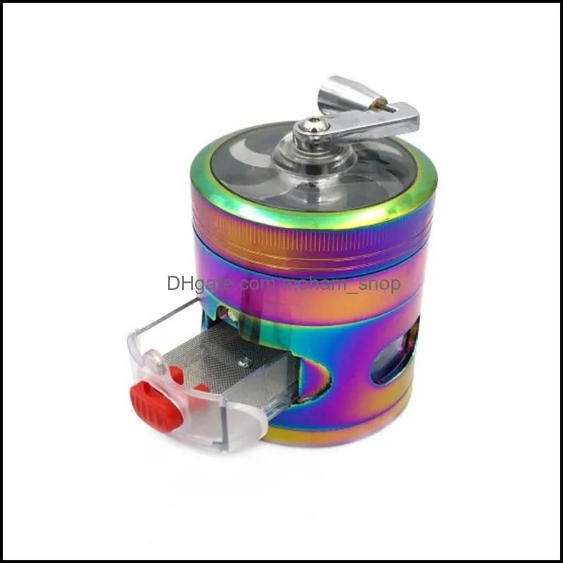 Hand Crank Rainbow Grinders Colorful Sharpstone Grinders Zinc Alloy Metal Grinder 63mm 4 Layers Dry Herb Grinders Herb Crushers BH3958