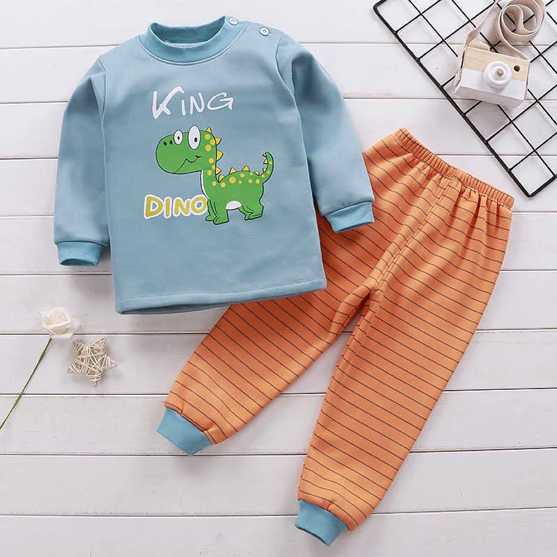 Winter Children Clothing Sets Warm Fleece Pajamas For Boys Girls Thicken Kids Dinosaur Sleepwear Baby Thermal Underwear Pyjamas 210908