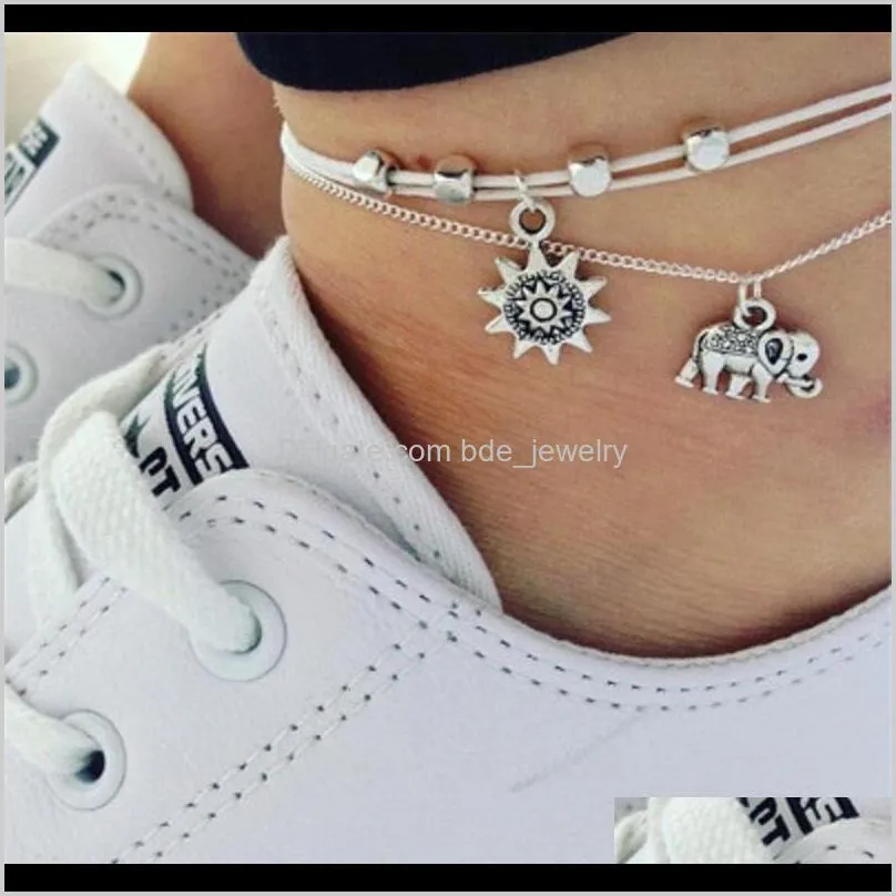 vintage multi layers anklets bracelet for women elephant sun pendant charms rope chain bohemian beach summer foot ankle jewelry