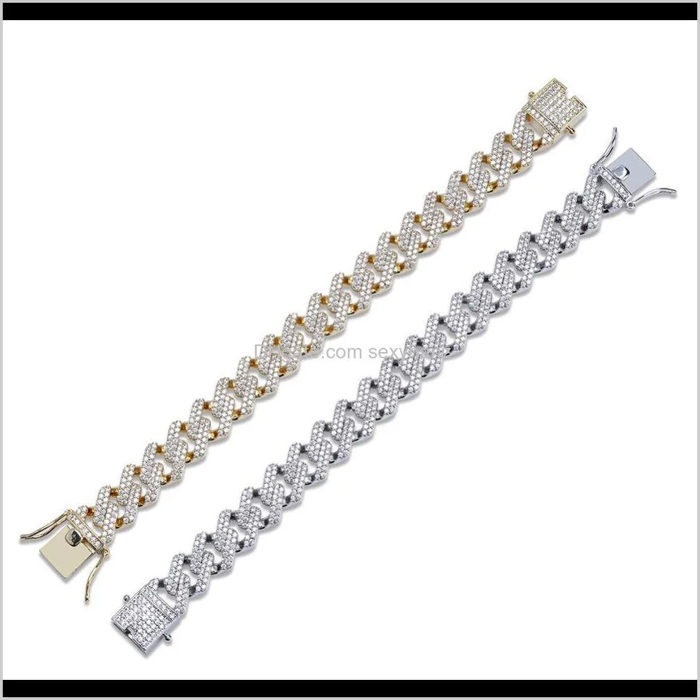 Link, armbanden sieraden druppel levering 2021 Iced out 14 mm dik zwaar goud sier Cuban link koperen materiaal gesloten kettingarmband 7/8/9inches 0o