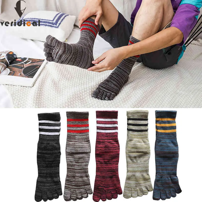 Veridical 5 paires/lot grande taille cinq doigts homme coloré rayé affaires robe de Compression chaussettes longues avec orteils