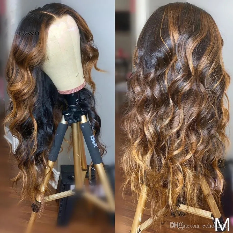 Ombre Highlight Wig Brown Honey Blonde Colored Wavy HD Lace Front Human Hair Wig Remy Seamless Natural Look