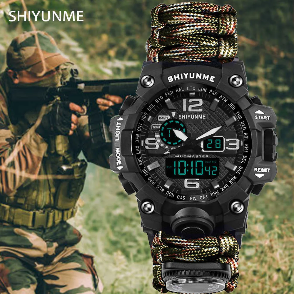 Shiyunmeメンズスポーツ電子時計コンパス軍用防水時計LEDデジタルクォーツデュアルディスプレイ腕時計Oronologio da UOMO G1022