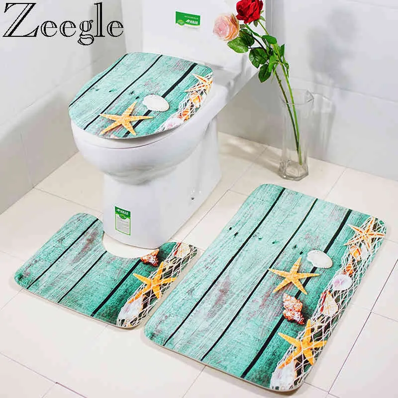 Zeegle 3pcs Toilet Rugs Set Ocean Underwater World Bathroom Floor Mats Lid Toilet Cover Coral Fleece Bath Mat Set Bathroom Rugs
