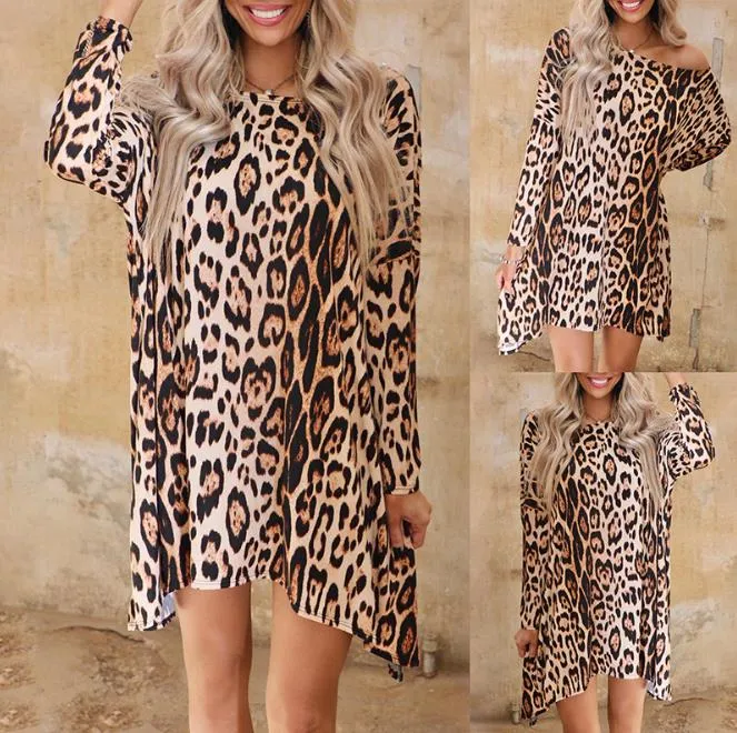 2021 European And American Casual Dress Women's Leopard Print Long-Sleeved Round Neck Loose