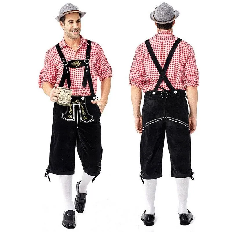 Survêtements pour hommes Hommes Costume Vêtements Adultes Oktoberfest Allemand Bavarois Shorts Tenue Salopette Chemise Chapeau Bretelles Ensemble Halloween