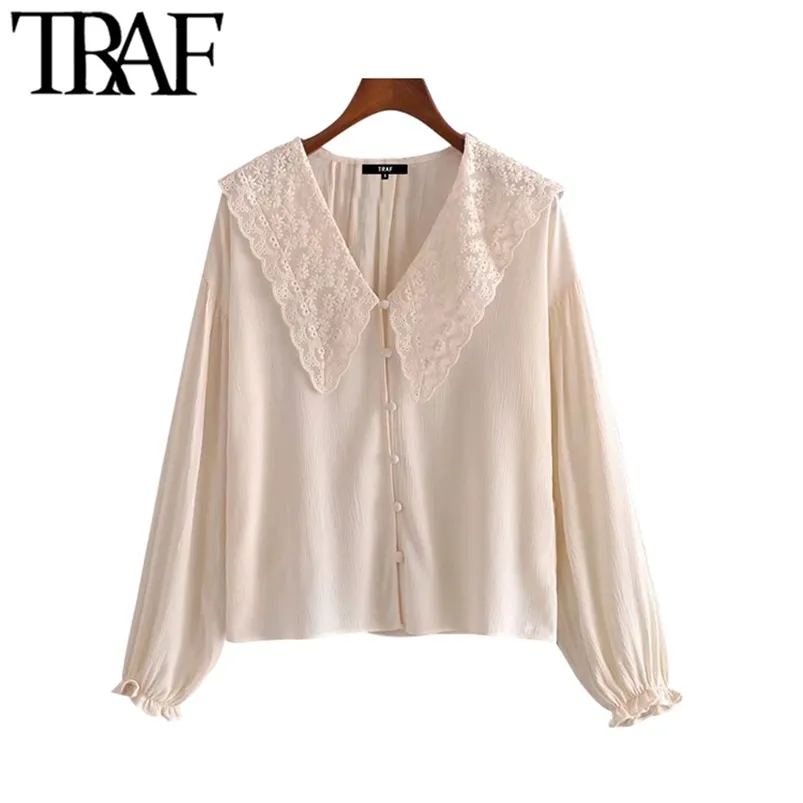 Women Fashion With Embroidered Collar Loose Blouses Vintage Long Sleeve Elastic Cuffs Female Shirts Chic Tops 210507