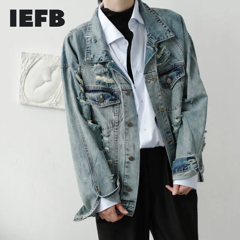 IEFB/abbigliamento da uomo Design di personalità di nicchia buco grezzo giacche di jeans blu vintage primavera sciolto cappotto coreano oversize 9Y3714 210524