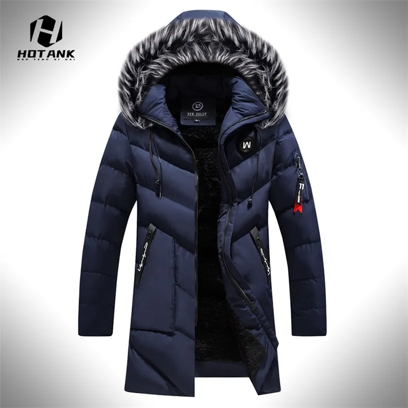 Vinter Mid Längd Jacka Parkas Mens Varm Tjockad Coats Koreansk Bomull Slank Hooded Outwear Men Casual Padded Jackets 211206