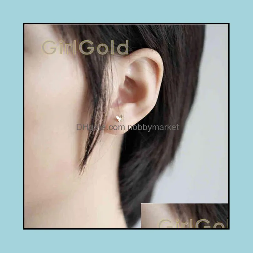 14k Solid Gold Butterfly Earring Mini Dainty Women Minimal Simple Style Gift Bridesmaid 210323