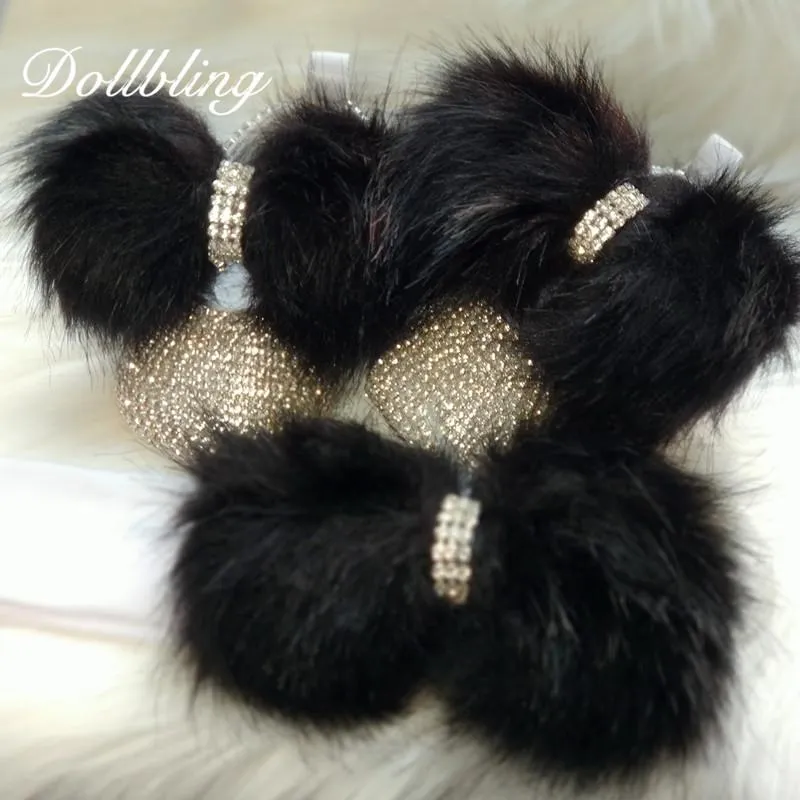 First Walkers Black Hair Beautiful Fur Winter Baby Girl Bling Briades Nursery Room Designer Embellished Rhinestones Handmade Crib Shoes