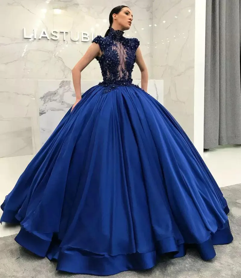 Dubai Yüksek Muhteşem Boyun Quinceanera Boncuklu Aplikler Kapak Kollu Saten Balo Balo Elbiseleri Kraliyet Mavi Gece Elbisesi Vestidos De