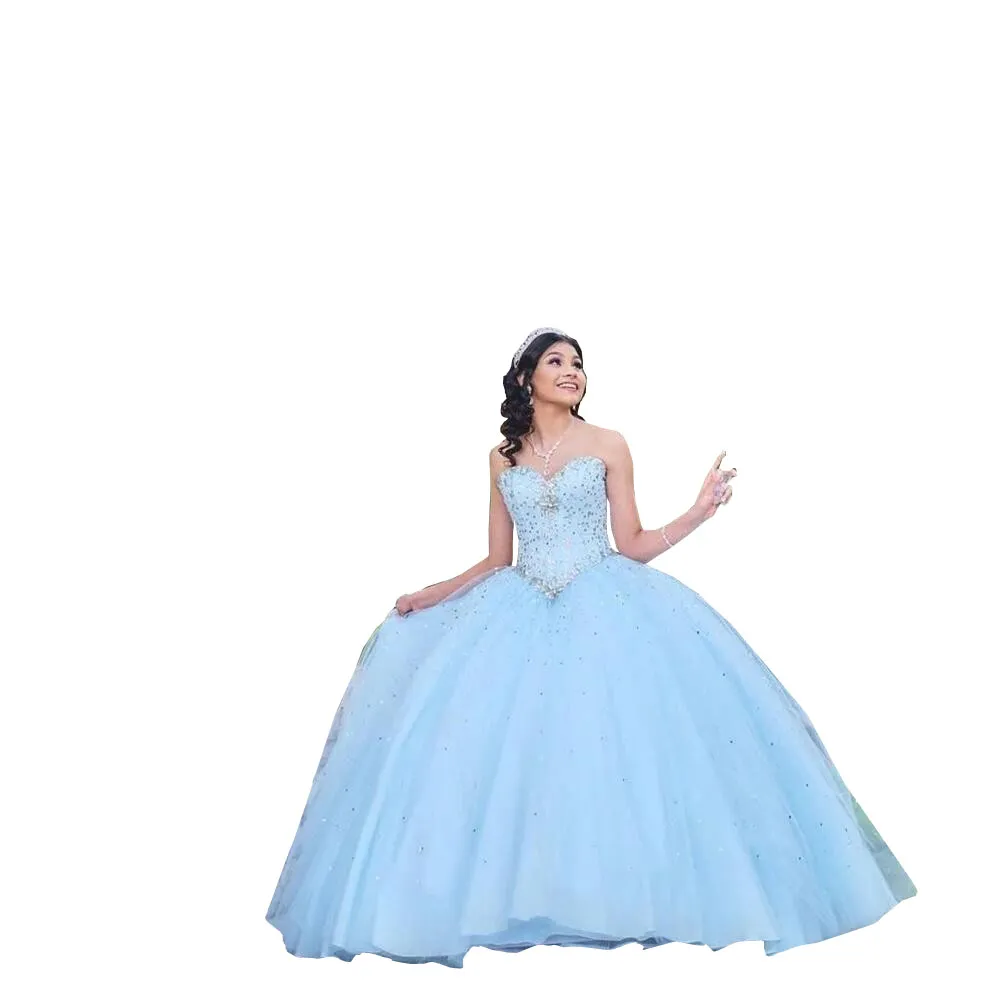 2022 الجليد الأزرق فساتين quinceanera تول كريستال مطرز حبيبته مشد الظهر حفلة موسيقية الكرة ثوب الحلو 16 اللباس الرسمي مساء