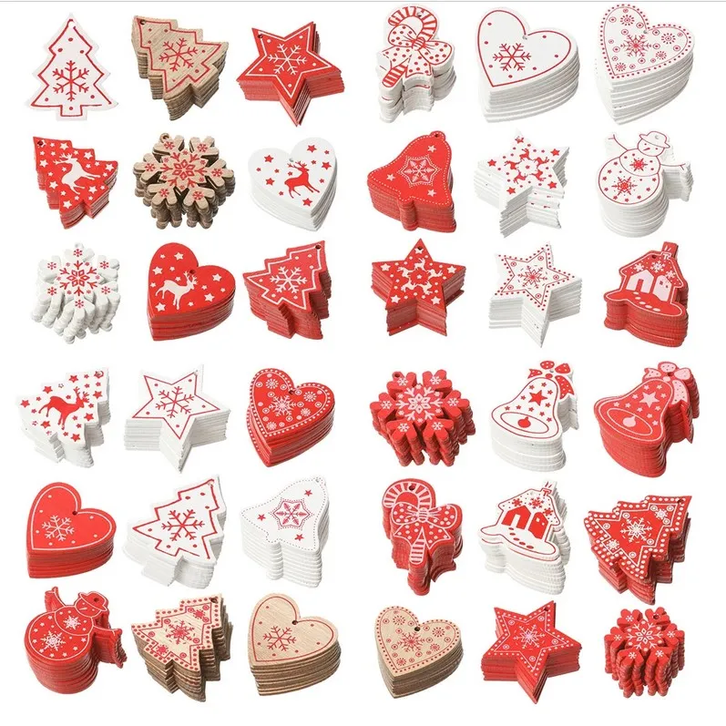 RedWhite Naturalne Drewno Ozdoby Christmas Decor Drzewa Wiszące Wisiorek Drewniane Xmas Drzewo Heart Star Snowflower Bell