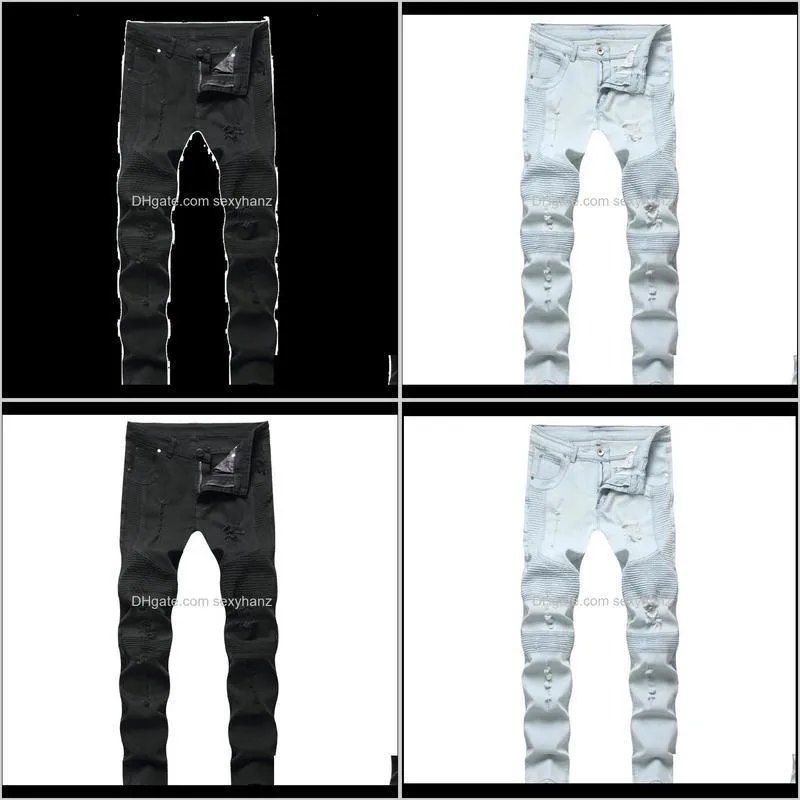 2021 men`s fashionable pleated ripped jeans youth stretch slim fit skinny all-match trousers