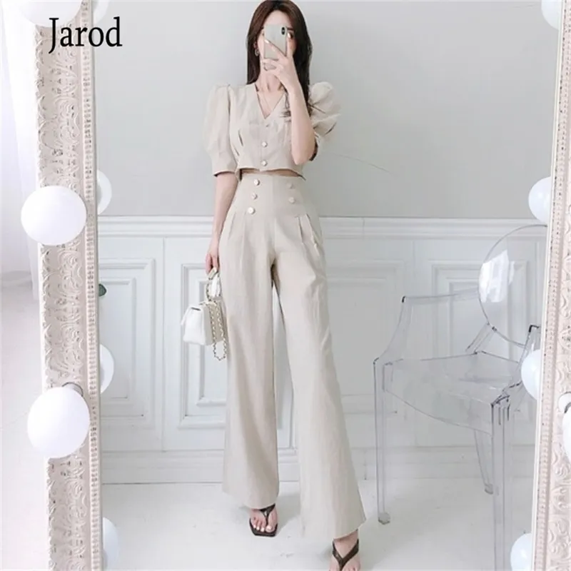 Business Ladies women two piece outfits Formal OL style Elegant Puff short sleeve tops + High waist Long Pants 2 Pieces Set 210519