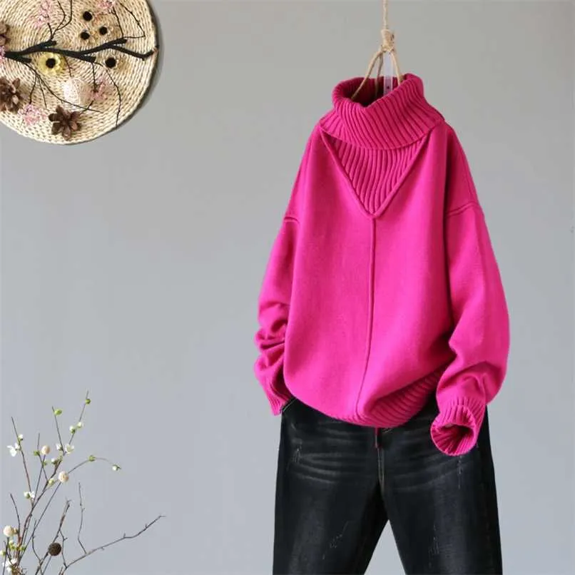 Zimowe Turtleneck Kobiety Swetry i swetry Solid Color Loose Zagęścić Ciepłe Panie All-Mecz Bluzy Ropa Para Mujer 211123