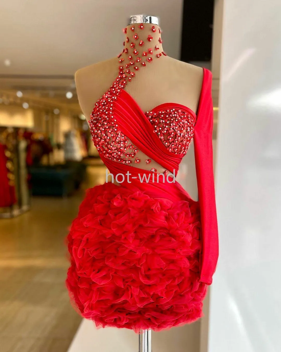 Nouveau Rouge Mini Sirène Robes De Cocktail Perles Sheer Col Haut Une Épaule À Manches Longues En Dentelle Appliques Arabe Robe De Soirée De Bal Robe Robes De Gala