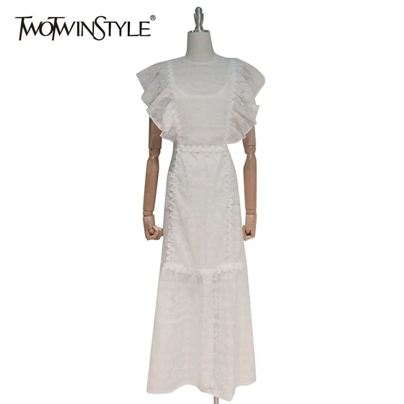 Patchwork Ruffle elegante vestido para mulheres o pescoço de manga curta cintura alta bordado vestidos brancos feminino moda 210520