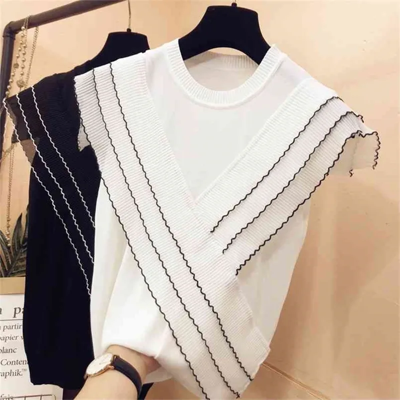 Three-layer ruffles chiffon patchwork ice silk knitted sweater women Korean o-neck thin pullover black white tops summer 210810