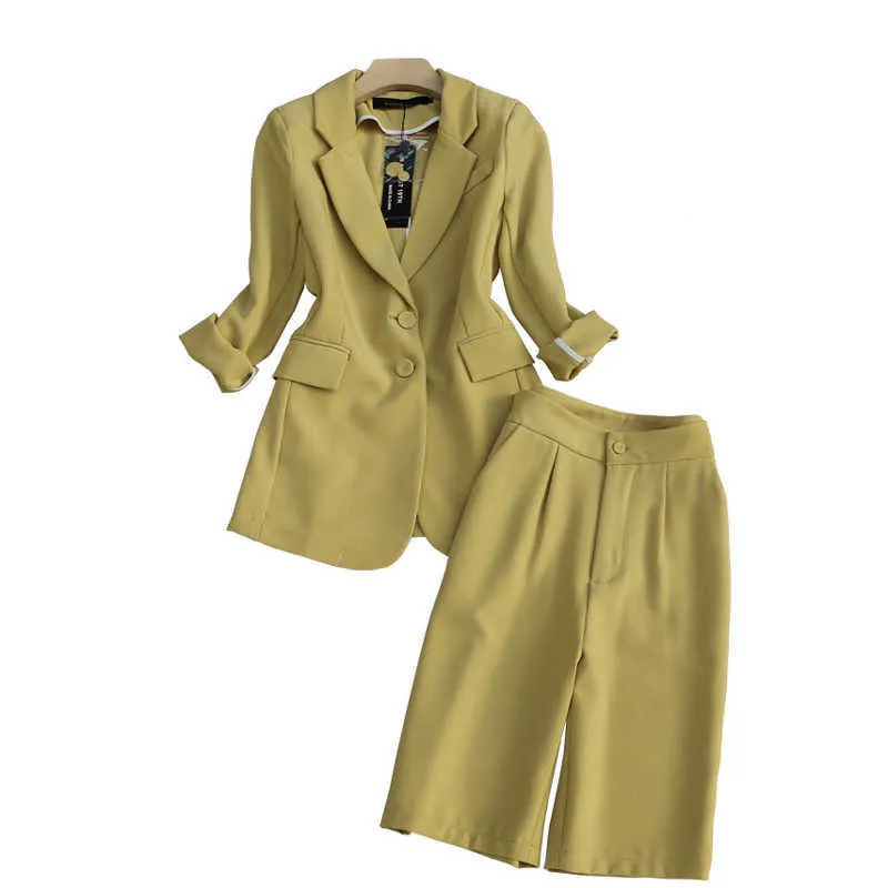 オフィスレディーススーツパンツ2ピースセット高品質夏スリムシングルブレストジャケットファッションファッション5ポイント210527