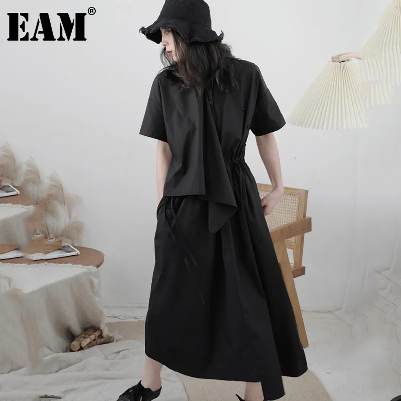 [EAM] femmes noir grande taille irrégulière ceintures robe revers manches courtes coupe ample mode printemps été 1DD7175 21512