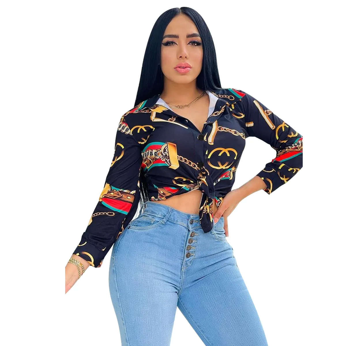 Casual Gold Sain Top koszulka Panie Spersonalizowane Lapel Lapel Fashion Digital Printing Single J2536