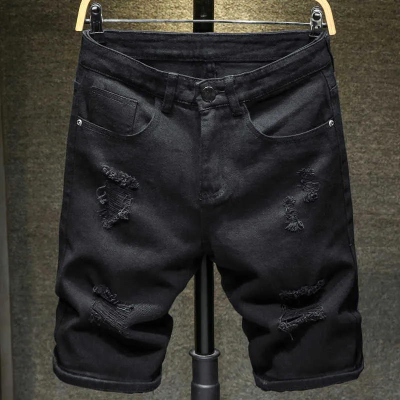 2020 Nieuwe Zomer Wit Zwart Mannen Denim Shorts Slim Grote Maat Casual Knielengte Short Hole Jeans Shorts voor Mannen Bermuda X0601
