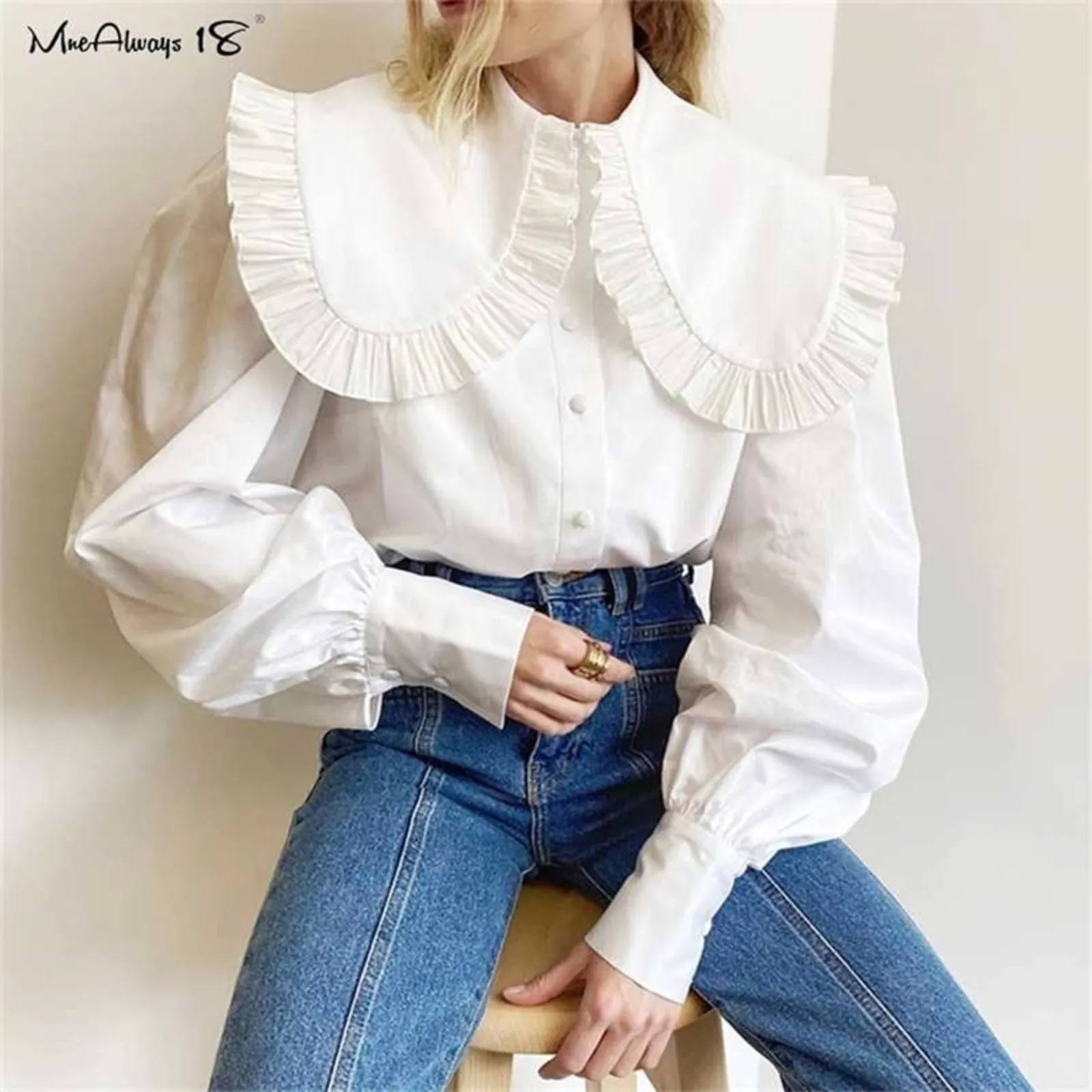 MNEALWAYS18 Big Peter Pan Collar Ruffle Womens Blus långärmad vit bomull Casual tops kvinnlig vår sommarfrill skjorta 220210