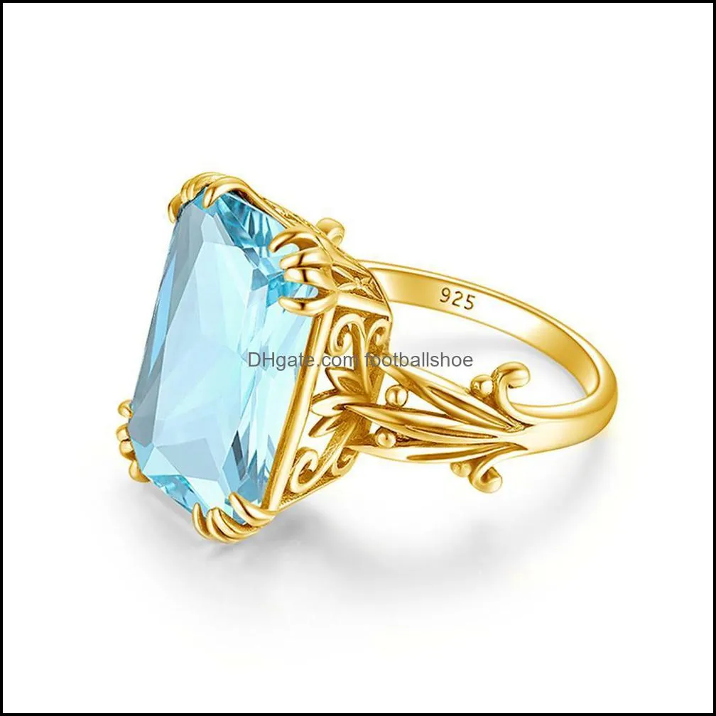 Szjinao Aquamarine Rings 925 Sterling Silver Women 14K Gold Color Blue Topaz Ring Punk Jewellery Rectangle Silver 925 Jewelry Y1124