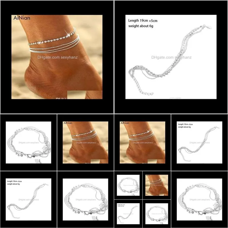 ainian hot selling chic women`s 4 layers crystal beads sandal beach anklet chain multilayer chain shining rhinestone foot chain