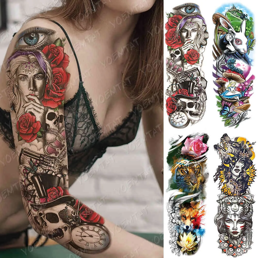 Grand bras complet manches Waterp tatouage tatouages colorés Alice au pays des merveilles autocollant temporaire Rose Body Art pour femmes et hommes