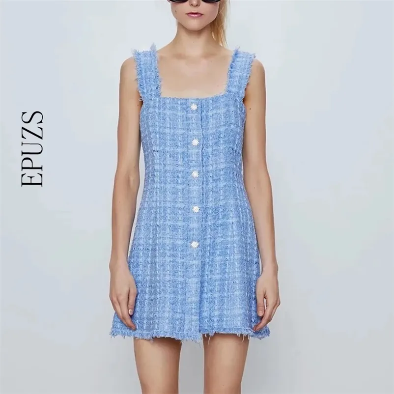 elegant sleeveless tweed dress women vintage button club es boho female slim mini girls chic korean vestidos 210521