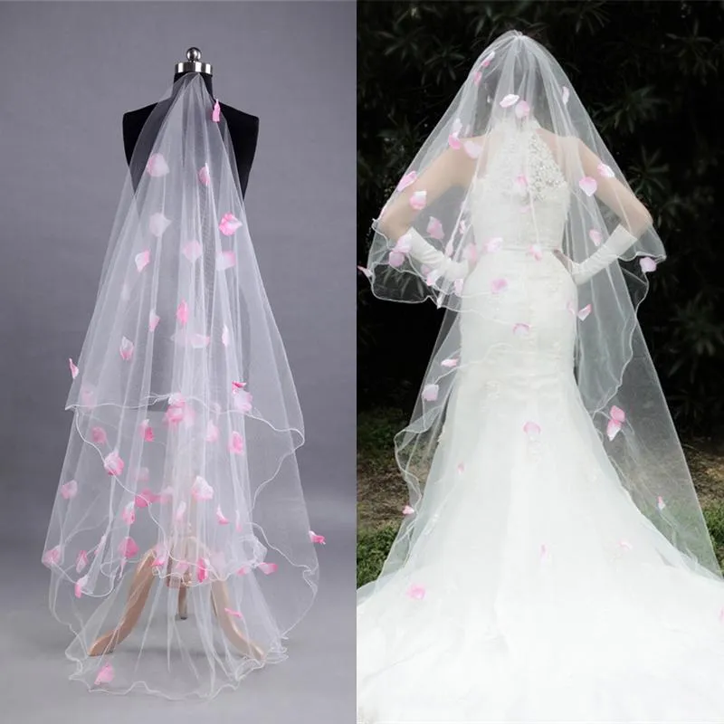 Bridal Veils 300cm One Layer White Wedding Veil Long Pink Petals For Bride Marriage Accessories Velos De Noiva Q4