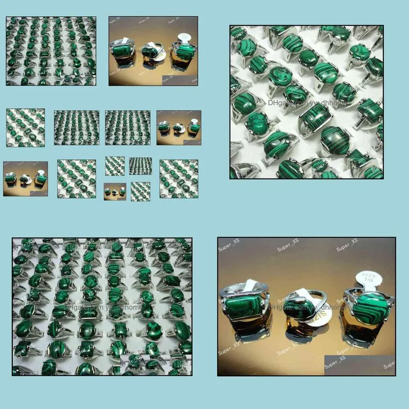 15Pcs Whole Jewelry Bulk Lots Mix Green Malachite Stone Silver Plated Ring For Women Men Fashion Jewelry LR524 220115