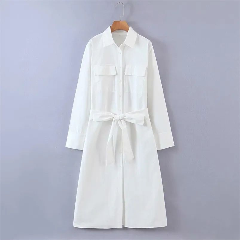 Kobiety Jesień Koszule Koszule Sukienka Kieszenie Z Długim Rękawem Sashes Bow krawat Biała Kobieta Elegancka Suknie Linii Odzieżowych Vestidos 210513