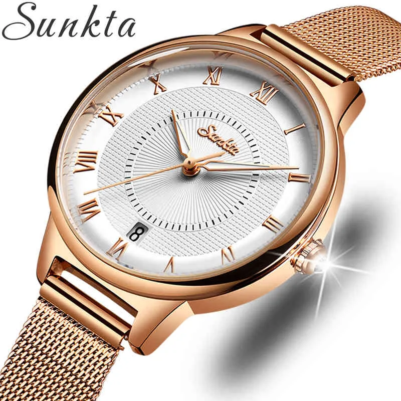 SUNKTA Ladies Rose Gold Watches Women Stainless Steel Bracelet Wristwatch Women's Fashion Quartz Clock reloj mujer Casual 210517