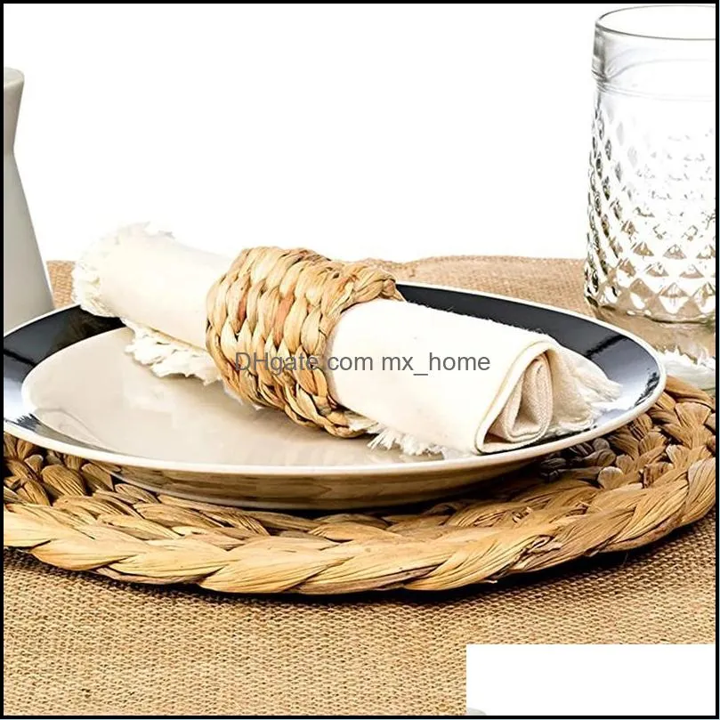 Napkin Rings Water Hyacinth Round Placemat,Woven Wicker Table Mat With Ring,Rustic Setting Accessories,Kitchen Straw